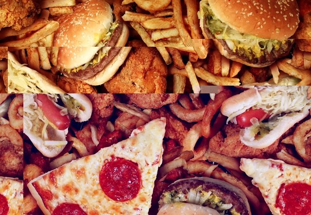 An assortment of fast food items including burgers, fried chicken, hot dogs, pepperoni pizza slices, and french fries.