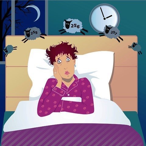 A person with short hair in bed wearing pajamas looks worried and is counting jumping sheep with numbers under a night sky and a clock showing a late hour.