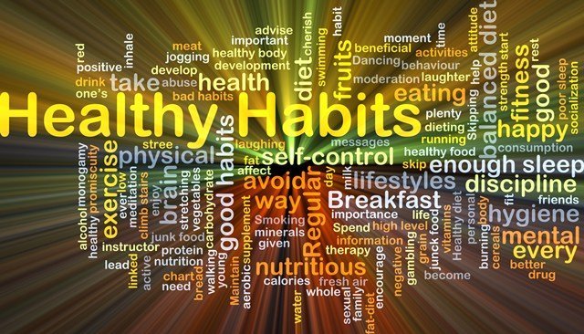Colorful word cloud on healthy habits. To illustrate how hypnotherapy can help create good new habits.